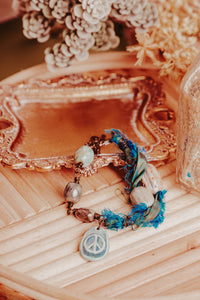 Blue Peace Charm Sari Ribbon Beaded Bracelet