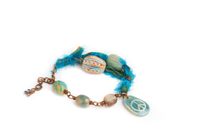 Blue Peace Charm Sari Ribbon Beaded Bracelet