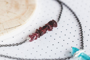 As Seen On Netflix The Order Aura Crystal Pendant and Raw Garnet Double Strand Gunmetal Sterling Silver Choker Necklace
