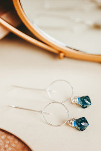 Blue Quartz Drop Sterling Silver Circle Threader Earrings