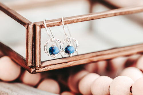 Metallic Blue Crystal Drop Sterling Silver Circle Earrings