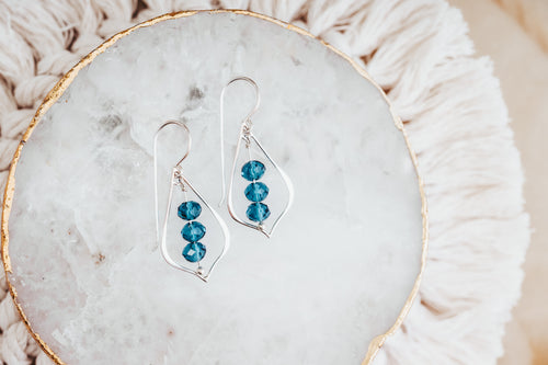Teal Blue Crystal Sterling Silver Arabesque Earrings