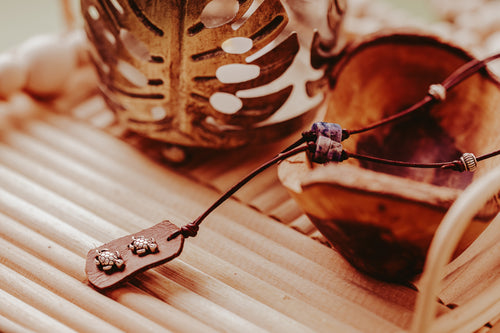 Silver Turtle Gemstone Leather Necklace