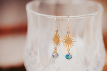 Load image into Gallery viewer, Green Shimmer Sunburst Crystal Drop Earrings