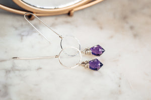 Dark Purple Quartz Drop Sterling Silver Circle Threader Earrings