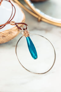 Faceted Drop Textured Sterling Silver Circle Leather Necklace