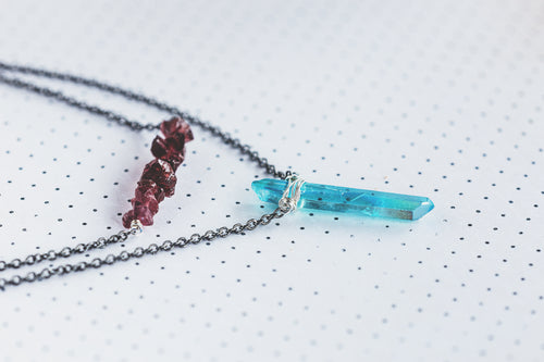 As Seen On Netflix The Order Aura Crystal Pendant and Raw Garnet Double Strand Gunmetal Sterling Silver Choker Necklace