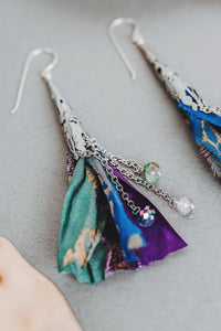 Crystal and Sari Ribbon Tassel Earrings