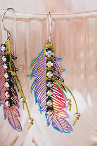Rainbow Kissed Rhinestone Feather Statement Earrings | As Seen On TV | Netflix Firefly Lane