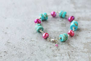 Chunky Gemstone and Pearl Sterling Silver Bracelet