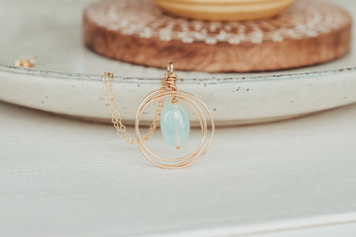 Blue Chalcedony Circle Pendant Gold Filled Necklace