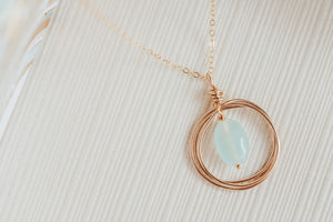 Blue Chalcedony Circle Pendant Gold Filled Necklace